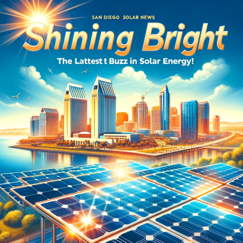 "Cover photo of 'Shining Bright: San Diego Solar News' magazine featuring sunny San Diego skyline and modern solar panels under a bright sun."