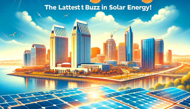 "Cover photo of 'Shining Bright: San Diego Solar News' magazine featuring sunny San Diego skyline and modern solar panels under a bright sun."