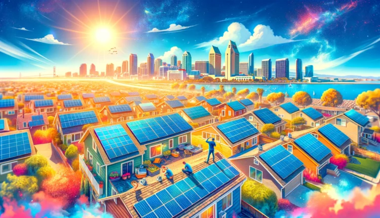 Solar panels on rooftops in San Diego with skyline in the background.