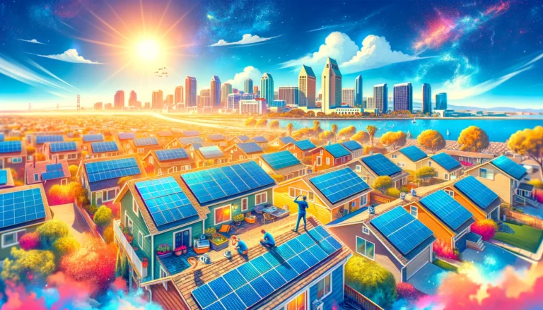 Solar panels on rooftops in San Diego with skyline in the background.